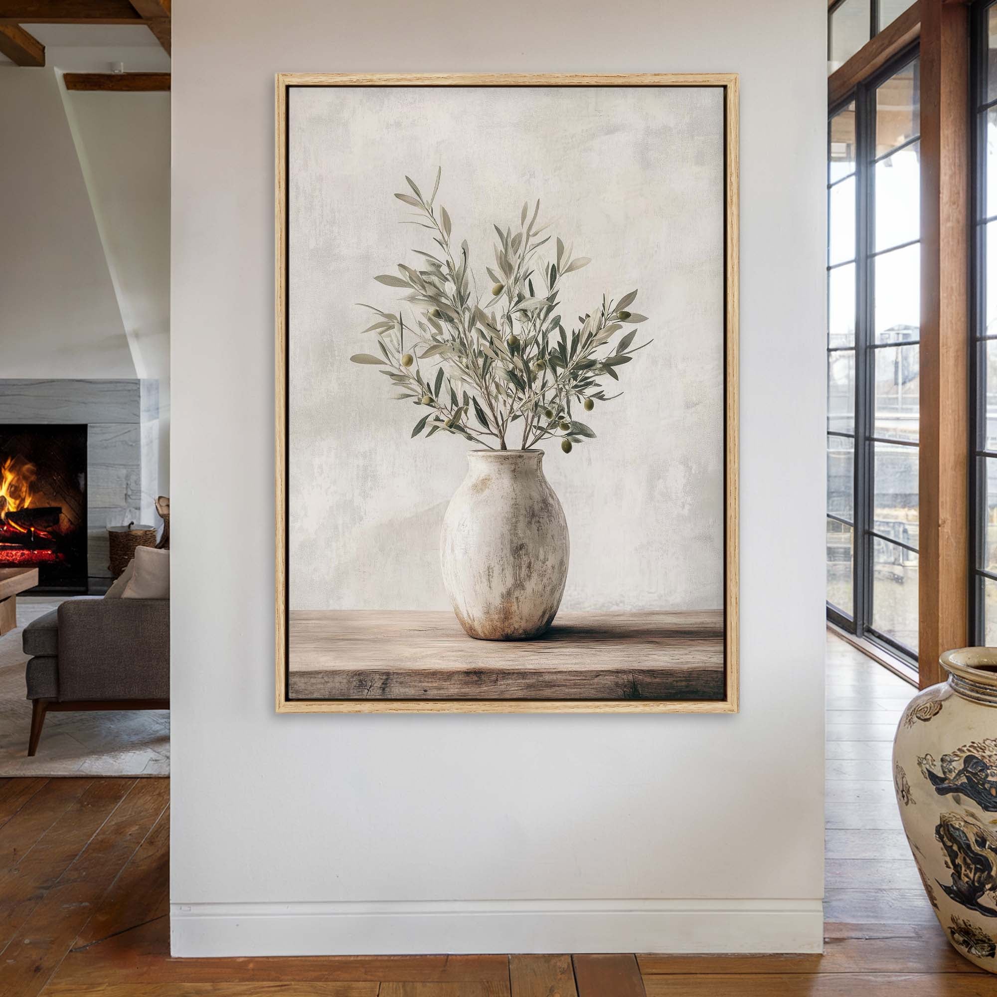 Rustic Pot & Olive Sprig Canvas Print Small — 18×24″ Natural Wall Art - Melrose Editions