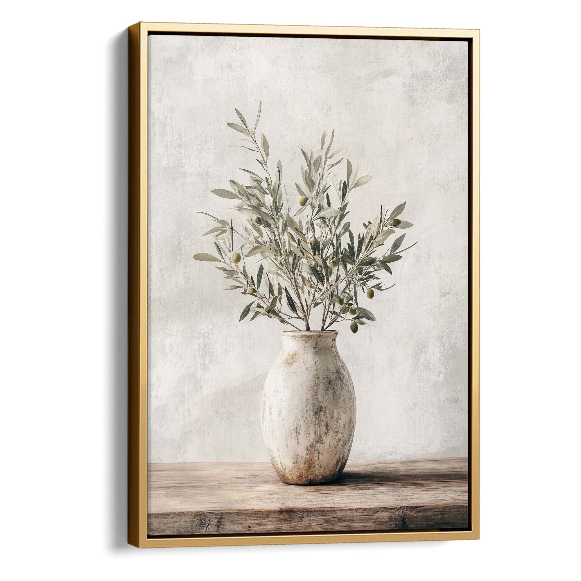 Rustic Pot & Olive Sprig Canvas Print Gold Wall Art - Melrose Editions