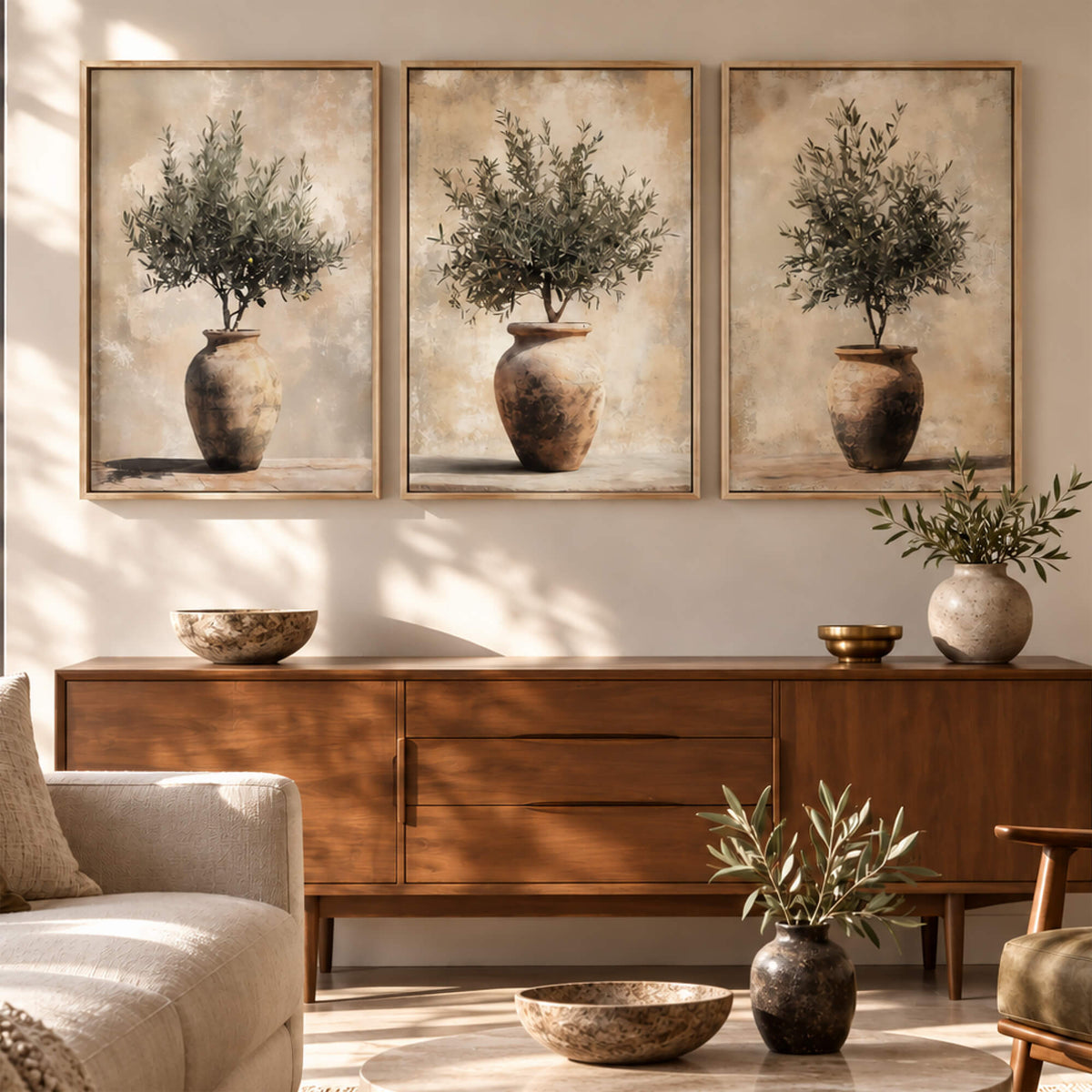 Vintage Olive Pots - Set of 3 Canvas Prints Wall Art - Melrose Editions